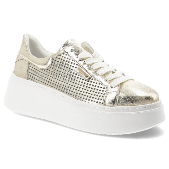 Zdjęcie produktu Sneakersy damskie Armodo, cholewka ze skóry naturalnej perforowana konstrukcja zapewniająca przewiewność klasyczne sznurowanie gruba stabilna podeszw złoty