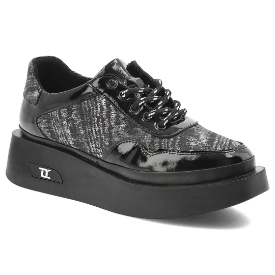 Zdjęcie produktu Sneakersy damskie Artiker, skórzane we wzorku z okrągłym noskiem na platformie i sznurowane, czarne srebrne, 57C2043