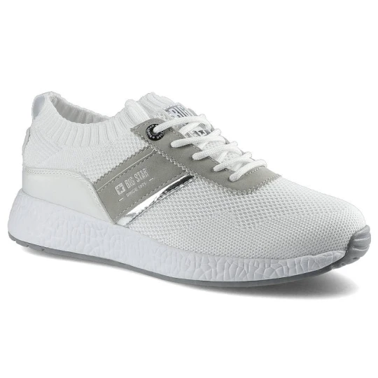Zdjęcie produktu Sneakersy damskie Big Star, materiał tekstylny o siatkowej strukturze z elementami skóry syntetycznej z klasycznym sznurowaniem elastyczną cholewką o biały