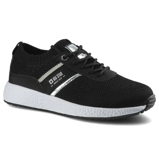 Zdjęcie produktu Sneakersy damskie Big Star, materiał tekstylny o siatkowej strukturze z elementami skóry syntetycznej z klasycznym sznurowaniem elastyczną cholewką o czarny