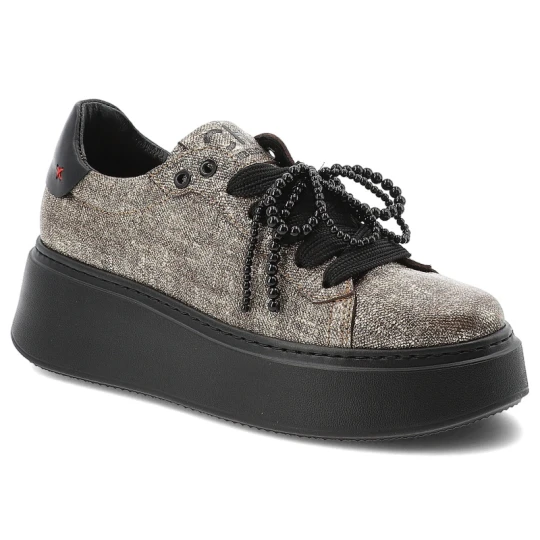 Zdjęcie produktu Sneakersy damskie Chebello, ze skóry na grubej podeszwie z okrągłym noskiem z ozdobą i sznurowane, czarno-złote, 4696-534-002