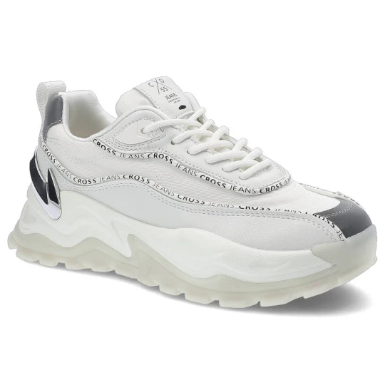 Zdjęcie produktu Sneakersy damskie Cross Jeans, z połączenia materiałów syntetycznych z łączoną cholewką o dynamicznej formie oraz grubą amortyzującą podeszwą, białe