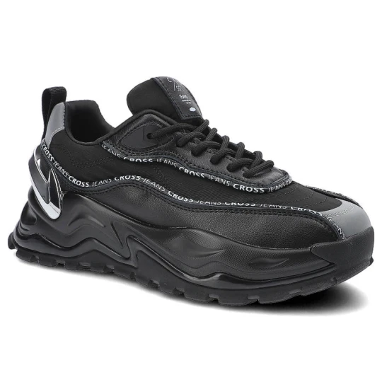 Zdjęcie produktu Sneakersy damskie Cross Jeans, z połączenia materiałów syntetycznych z łączoną cholewką o dynamicznej formie oraz grubą amortyzującą podeszwą, czarne