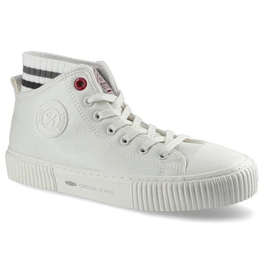 Zdjęcie produktu Sneakersy damskie Cross Jeans, z wysokiej jakości materiału syntetycznego z gładką cholewką klasycznym wycięciem sznurowanym zapięciem oraz grubą sta biały