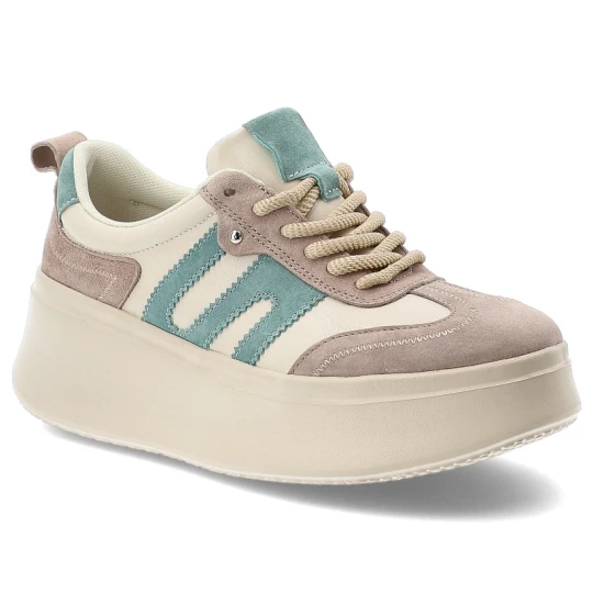 Zdjęcie produktu Sneakersy damskie Filippo, cholewka ze skóry naturalnej zamszowej z kontrastowymi panelami klasyczne sznurowanie masywna platformowa podeszwa, beżowe