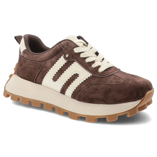 Zdjęcie produktu Sneakersy damskie Filippo, naturalna skóra zamszowa, klasyczne sznurowanie kontrastowe wstawki gruba podeszwa z bieżnikiem styl sportowo-casualowy, b brązowy