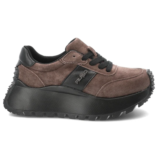 Zdjęcie produktu Sneakersy damskie Filippo o nowoczesnym fasonie z kontrastowymi wstawkami czarnymi sznurówkami i wysoką masywną podeszwą ciemnobrązowe, DP6785 / 26 D B brązowy