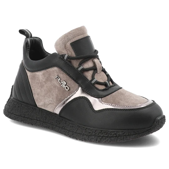 Zdjęcie produktu Sneakersy damskie Filippo, skórzane na płaskiej podeszwie sznurowane z okrągłym noskiem, taupe-czarne, DP7406-TP-BK