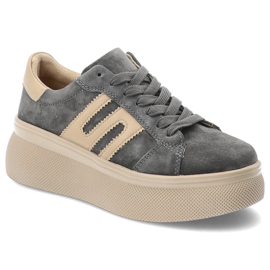 Zdjęcie produktu Sneakersy damskie Filippo, wykonane ze skóry naturalnej i skóry zamszowej sznurowane na wysokiej platformie, szare, DP7175/26 GR