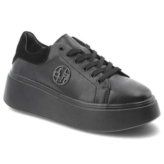 Zdjęcie produktu Sneakersy damskie Filippo, wykonane ze skóry naturalnej modny fason na wysokiej platformie klasyczne sznurowanie, czarne, DP6058 / 26 BK
