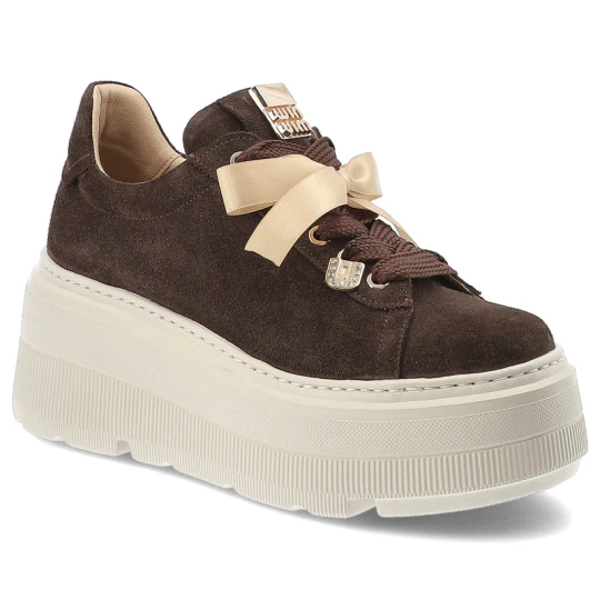 Zdjęcie produktu Sneakersy damskie Karino, cholewka ze skóry naturalnej welurowej platformowa podeszwa dekoracyjne wiązanie stabilna konstrukcja zapewniająca komfort brązowy
