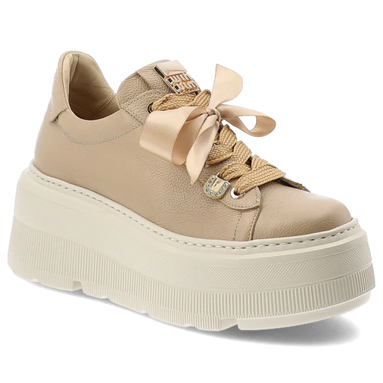 Zdjęcie produktu Sneakersy damskie Karino, platformowa podeszwa sznurowanie ozdobne wstążki masywna forma miękka wyściółka, beżowe, 5829/022-P