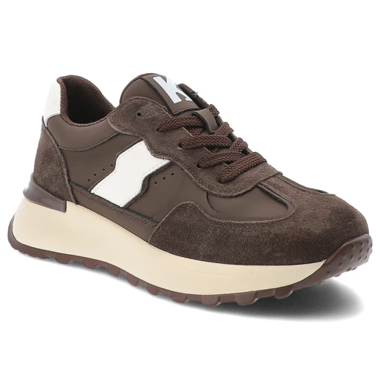 Zdjęcie produktu Sneakersy damskie Kobbo, cholewka ze skóry naturalnej zamszowej i licowej z wstawkami materiałowymi wiązanie na grubszej podeszwie, brązowe, 66925