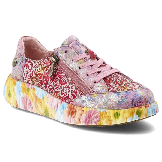 Zdjęcie produktu Sneakersy damskie Laura Vita, podwyższona podeszwa z wielokolorowym wzorem na obwodzie oraz perforowane panele na cholewce, różowe, 57 SL26803-57B