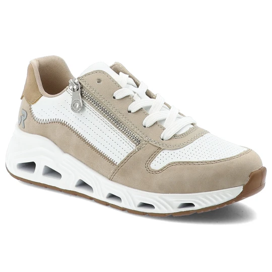 Zdjęcie produktu Sneakersy damskie Rieker, cholewka ze skóry ekologicznej i materiału tekstylnego o dynamicznej sportowej sylwetce z panelową konstrukcją sznurowanie biały