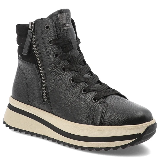 Zdjęcie produktu Sneakersy damskie Rieker, skórzane na grubej platformie zapinane na zamek i z okrągłym noskiem, czarne, W3870-00
