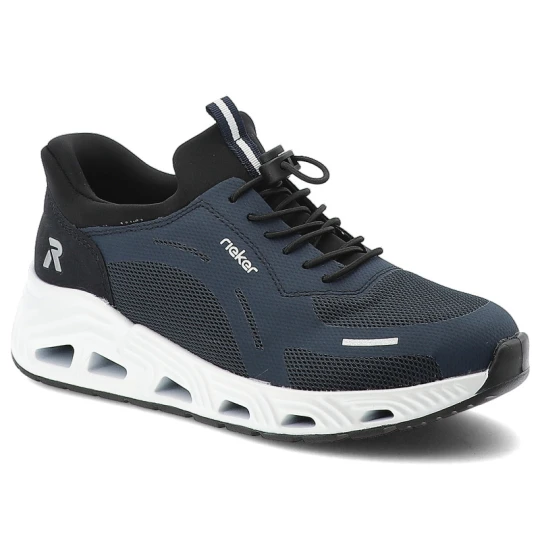Zdjęcie produktu Sneakersy damskie Rieker, tekstylna cholewka z siateczkowymi panelami i sznurowaniem oraz wzmocnionym zapiętkiem, niebieskie, N5257-14
