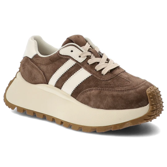 Zdjęcie produktu Sneakersy damskie S.Barski, cholewka skóra naturalna zamszowa kontrastowe panele wiązanie klasyczne fason niski zaokrąglony nosek masywna wizualnie p brązowy