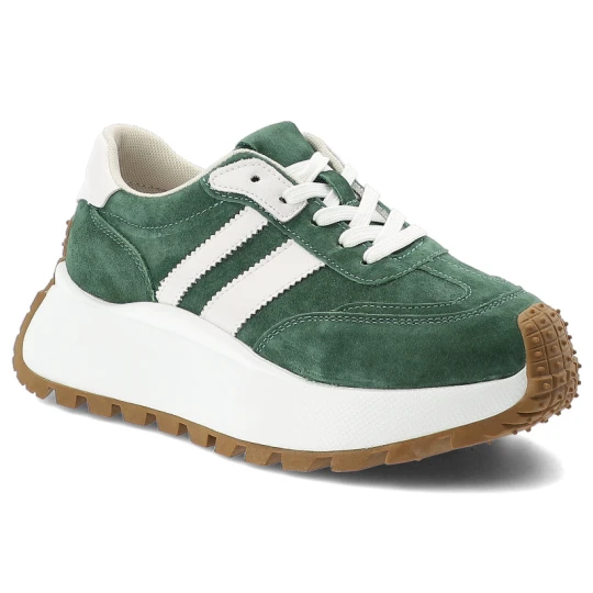 Zdjęcie produktu Sneakersy damskie S.Barski, cholewka skóra naturalna zamszowa wiązanie klasyczne kontrastowe paski fason niski zaokrąglony nosek masywna podeszwa spo zielony