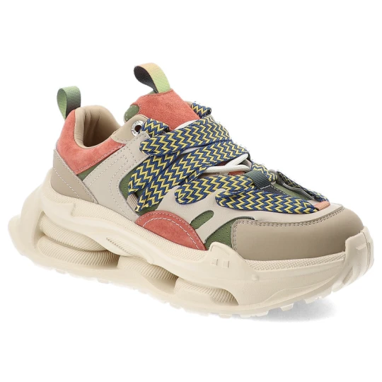 Zdjęcie produktu Sneakersy damskie S.Barski, na masywnej amortyzowanej podeszwie z dynamicznym zestawieniem kolorów i szerokimi ozdobnymi sznurówkami, beżowe, CR61-31