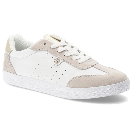 Zdjęcie produktu Sneakersy damskie S.Barski, sportowe ze skóry naturalnej wstawki zamszowe perforowana cholewka sznurowane lekka podeszwa casual, białe, LR61-7091
