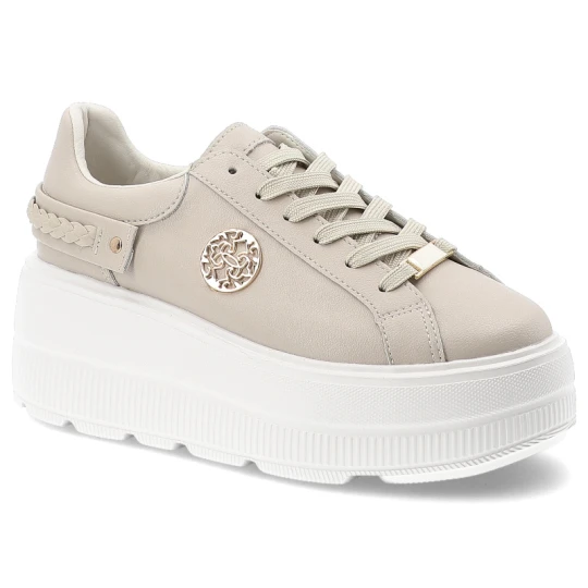 Zdjęcie produktu Sneakersy damskie S.Barski, ze skóry naturalnej licowej gruba podeszwa platforma sznurowane styl casual, beżowe, LR61-7095