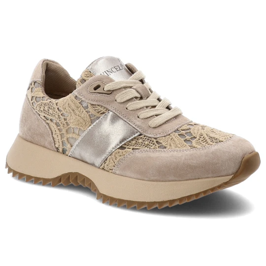 Zdjęcie produktu Sneakersy damskie Vinceza, cholewka z połączenia skóry naturalnej zamszowej metaliczne wstawki i klasyczne wiązanie, khaki, 99200 szary