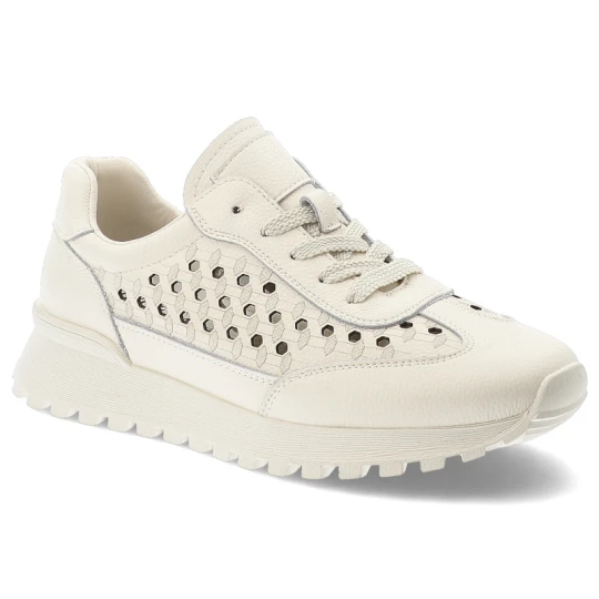 Zdjęcie produktu Sneakersy damskie Vinceza, cholewka ze skóry naturalnej z klasycznym sznurowaniem i ażurowymi wstawkami po bokach osadzone na lekkiej podeszwie z bie biały