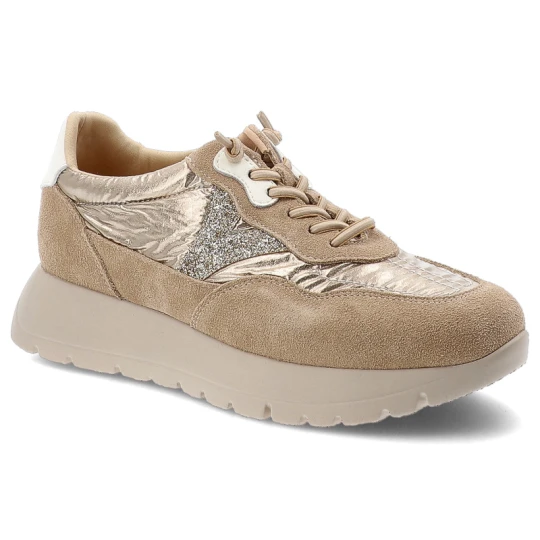 Zdjęcie produktu Sneakersy damskie Vinceza, cholewka ze skóry naturalnej zamszowej z wstawkami materiału tekstylnego wiązanie z przodu na grubszej podeszwie, beżowe