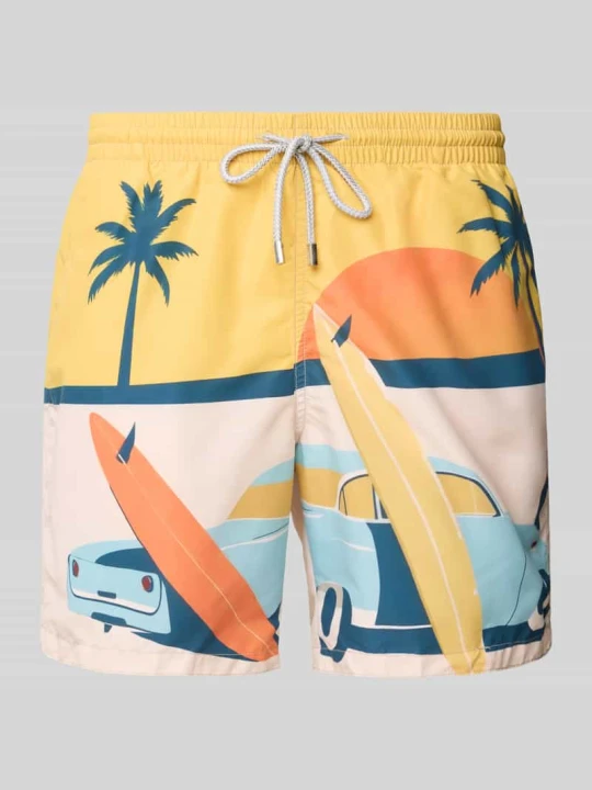 Zdjęcie produktu Spodenki kąpielowe o kroju regular fit z naszywką z logo model ‘Surf Car’ Zeybra Żółty