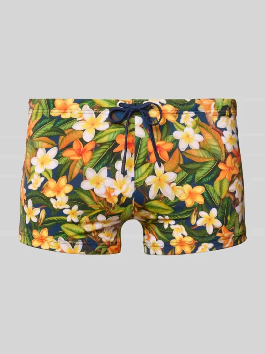 Zdjęcie produktu Spodenki kąpielowe o kroju slim fit z kwiatowym nadrukiem na całej powierzchni model 'Etna' HOM Granatowy
