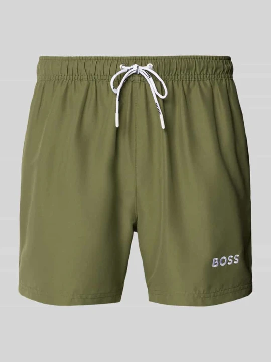 Zdjęcie produktu Spodenki kąpielowe z aplikacją z metką model 'DOGFISH' Boss Khaki