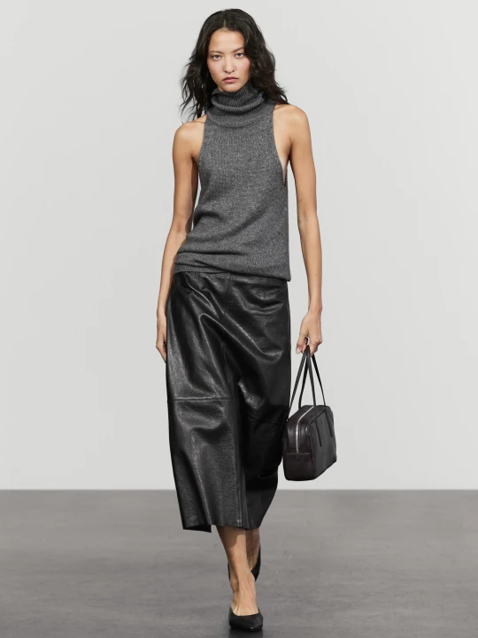 Zdjęcie produktu Spódnica Midi Balloon Ze Skóry Nappa - Czarny - Massimo Dutti - Female