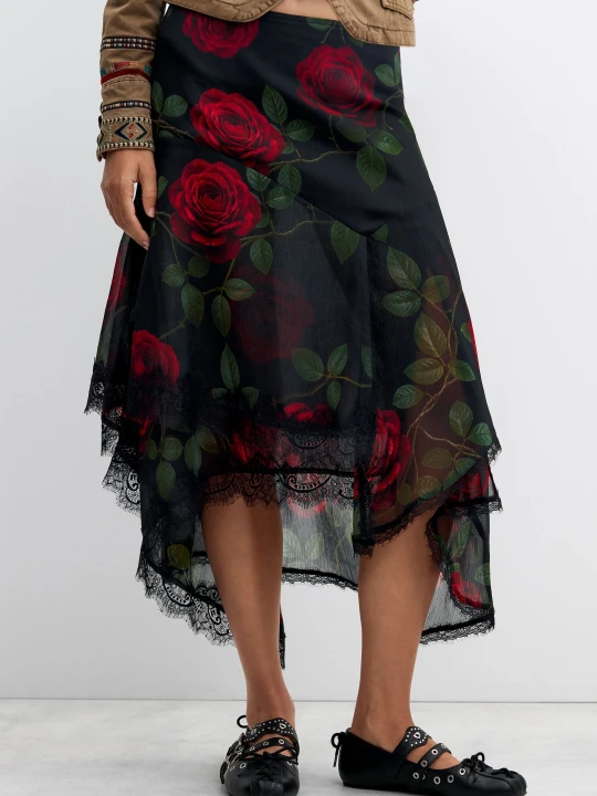 Zdjęcie produktu spódnica midi w róże Desigual czarny