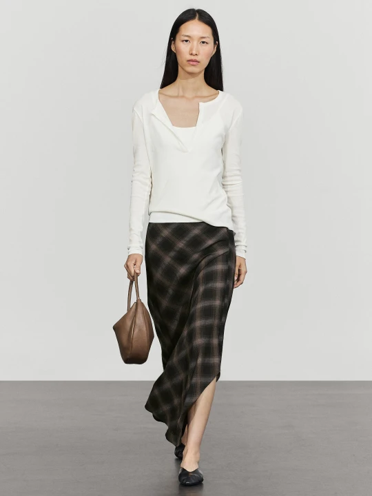 Zdjęcie produktu Spódnica Midi Z Wełny I Bawełny W Kratę Z Rozcięciem - Czarny - Massimo Dutti - Female