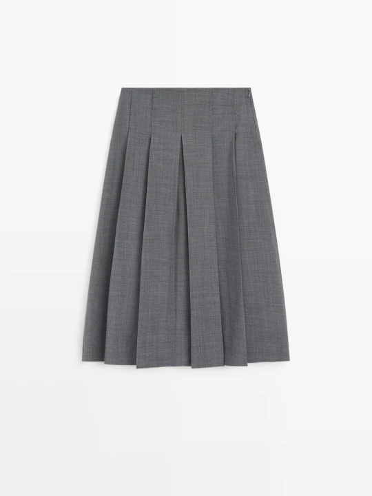 Zdjęcie produktu Spódnica Midi Z Zakładkami I Domieszką Wełny - Szary - Massimo Dutti - Female