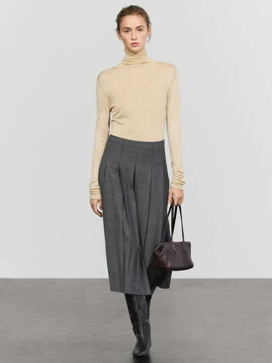 Zdjęcie produktu Spódnica Midi Z Zakładkami I Domieszką Wełny - Szary - Massimo Dutti - Female