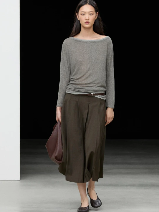 Zdjęcie produktu Spódnica Midi Z Zakładkami Z Mieszanki Wełny - Brązowy - Massimo Dutti - Female