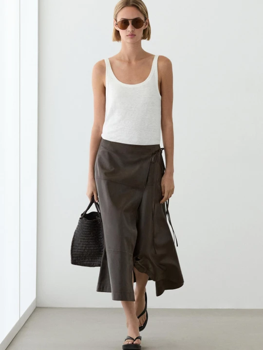 Zdjęcie produktu Spódnica Midi Ze Skóry Nappa Z Kokardą - Brązowy - - Massimo Dutti - Kobieta