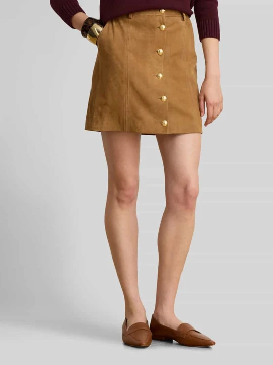 Zdjęcie produktu Spódnica mini ze skóry koziej welurowej z ozdobnymi guzikami Lauren Ralph Lauren Camel