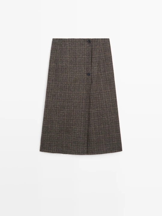 Zdjęcie produktu Spódnica Średniej Długości Kopertowa Z Guzikami - Szarobrązowy - Massimo Dutti - Female