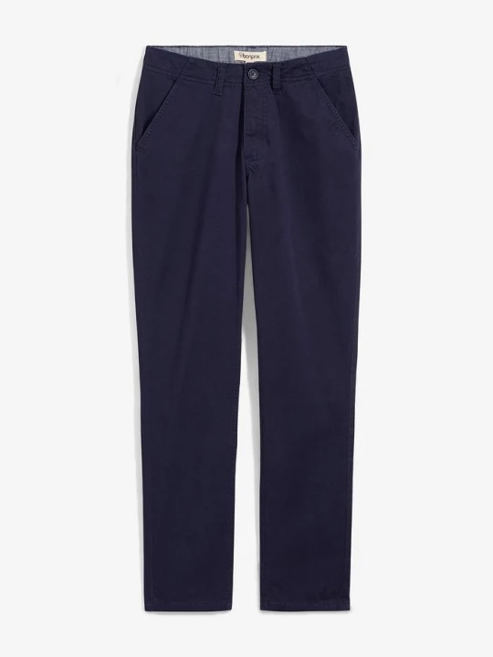 Zdjęcie produktu Spodnie chinosy slim fit z regulowaną talią, straight BonPrix niebieski