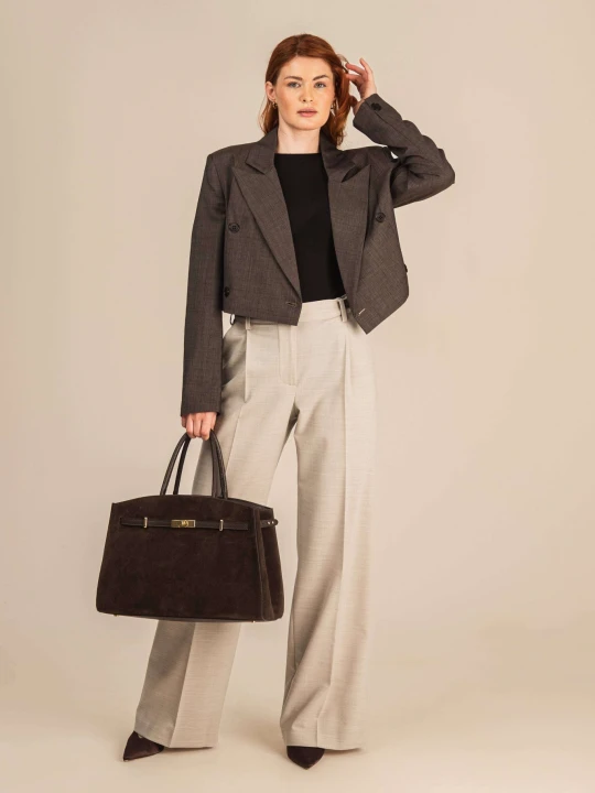 Zdjęcie produktu Eleganckie spodnie z kantem damskie - Greige Wool LAÏF