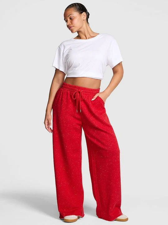 Zdjęcie produktu PINK Spodnie dresowe bawełniane z szerokimi nogawkami i rozcięciami u dołu Victoria's Secret Czerwony