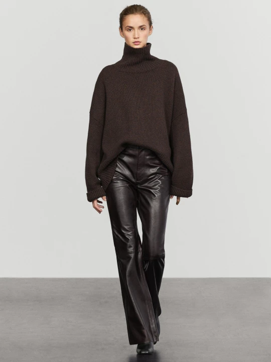 Zdjęcie produktu Spodnie Dzwony Z Przeszyciami Ze Skóry Nappa - Brązowy - Massimo Dutti - Female