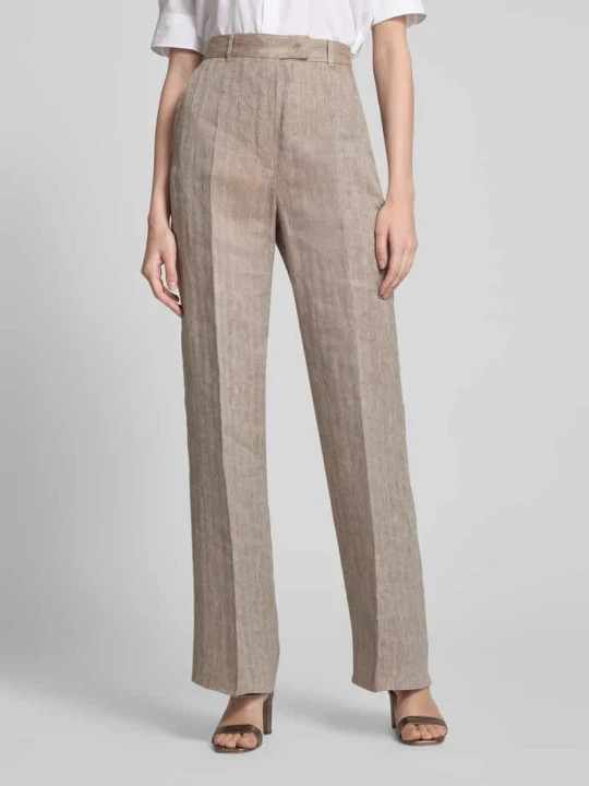 Zdjęcie produktu Spodnie lniane z prostą nogawką w kant model ‘SATIRA’ Max Mara Ziemisty brązowy