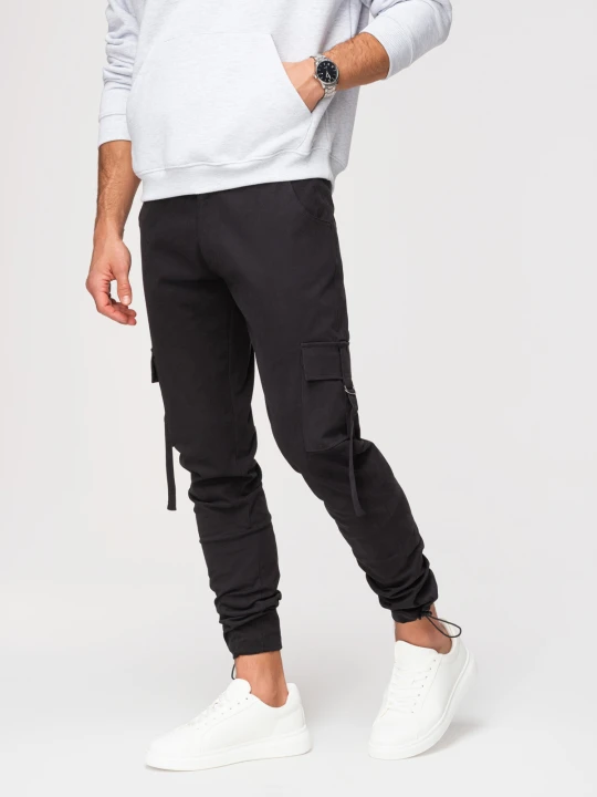 Zdjęcie produktu Spodnie męskie cargo z prosta nogawką ze ściągaczem na dole – czarne V4 Ombre Clothing
