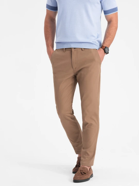 Zdjęcie produktu Spodnie męskie chino SLIM FIT - jasnobrązowe V2 Ombre Clothing jasnobrązowy