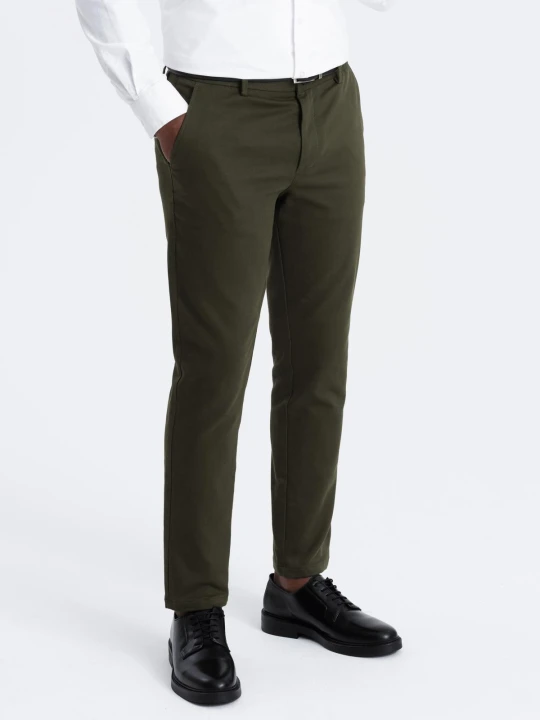 Zdjęcie produktu Spodnie męskie chino SLIM FIT z delikatną teksturą - ciemnooliwkowe V4 - Rozmiar: XL Ombre Clothing oliwkowy