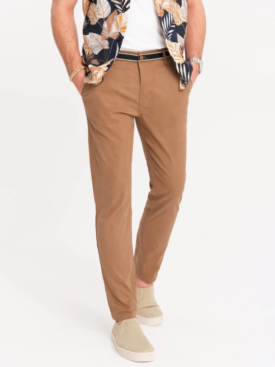 Zdjęcie produktu Spodnie męskie chino z ozdobną taśmą w pasie SLIM FIT – brązowe V4 - Rozmiar: M Ombre Clothing